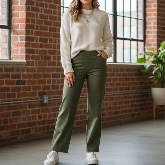 Alfred Dunner Pants 90s Academia Green Office Trousers Slacks Pull On Womens 12P - Picture 1 of 7